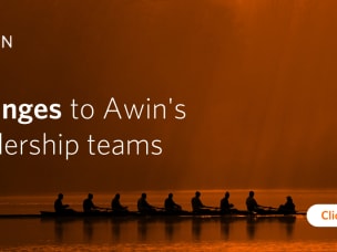 Banner with orange background featuring eight rowers in a boat, with the message: 'Awin's leadership teams