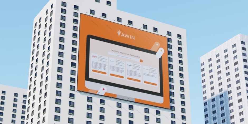 Awin-Website-Suchleiste auf einem Gebäude abgebildet, um die verbesserten Plattformfunktionen zu verkünden