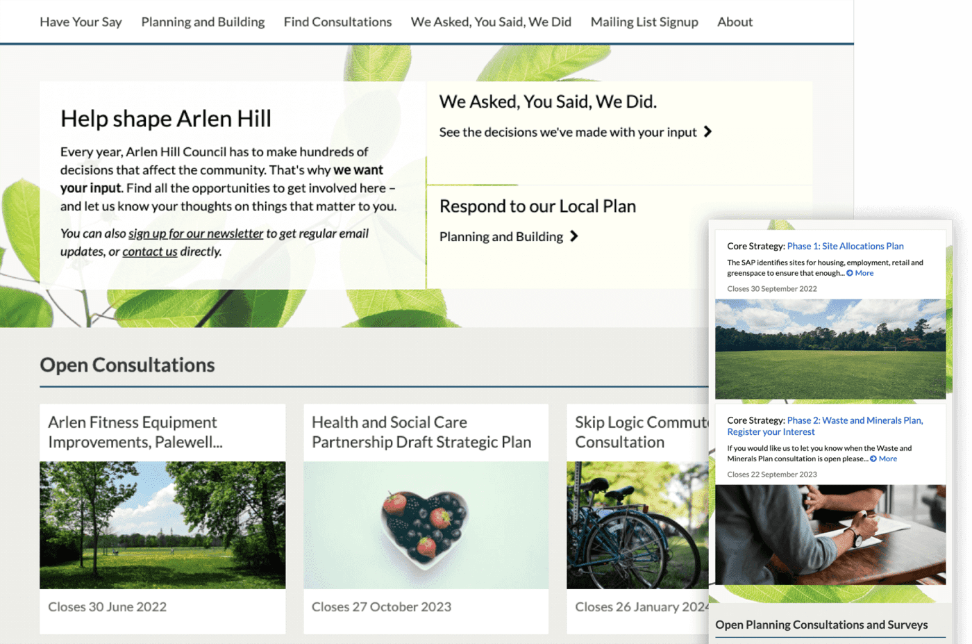 Two Citizen Space screenshots showing how different types of information are organised hierarchically