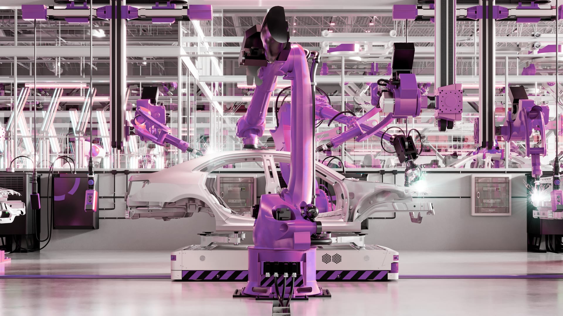Purple machines building a car