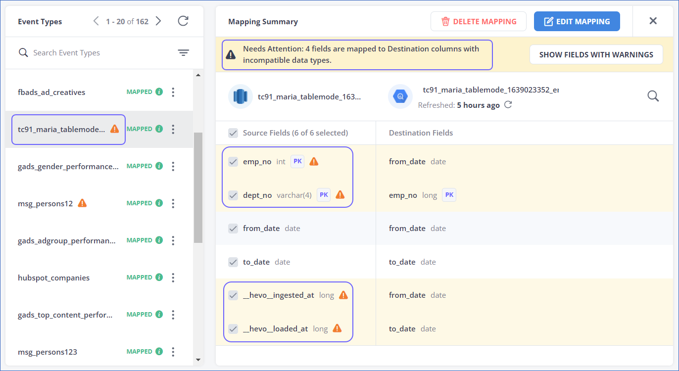 Fields with Warnings in Mapping Summary