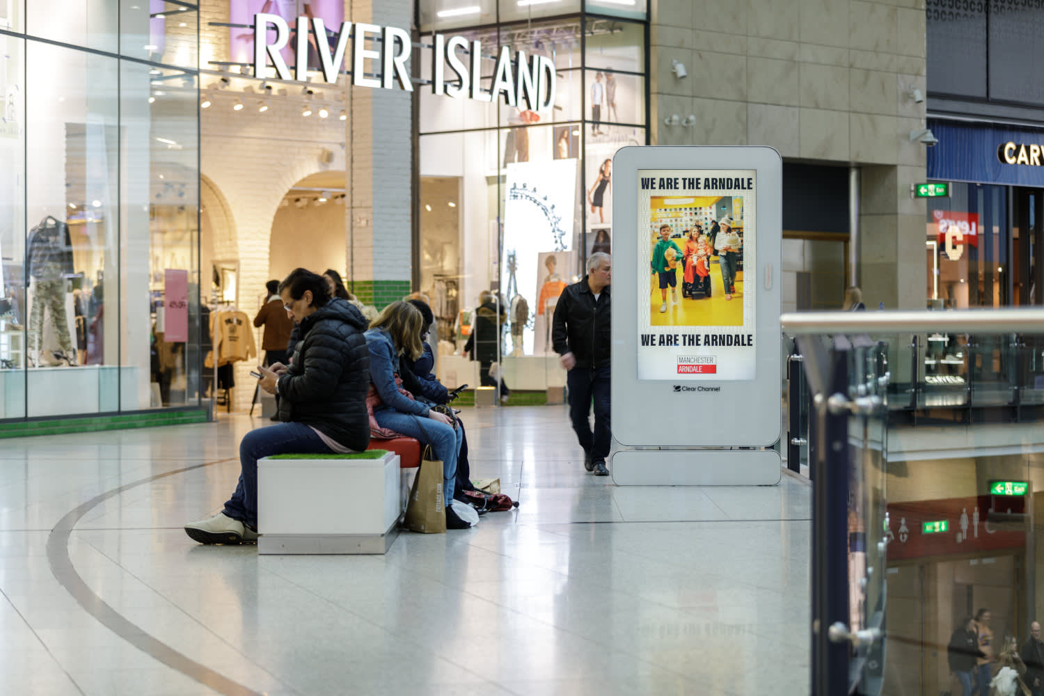 Malls Live screen inside the Manchester Arndale centre, outside of River Island