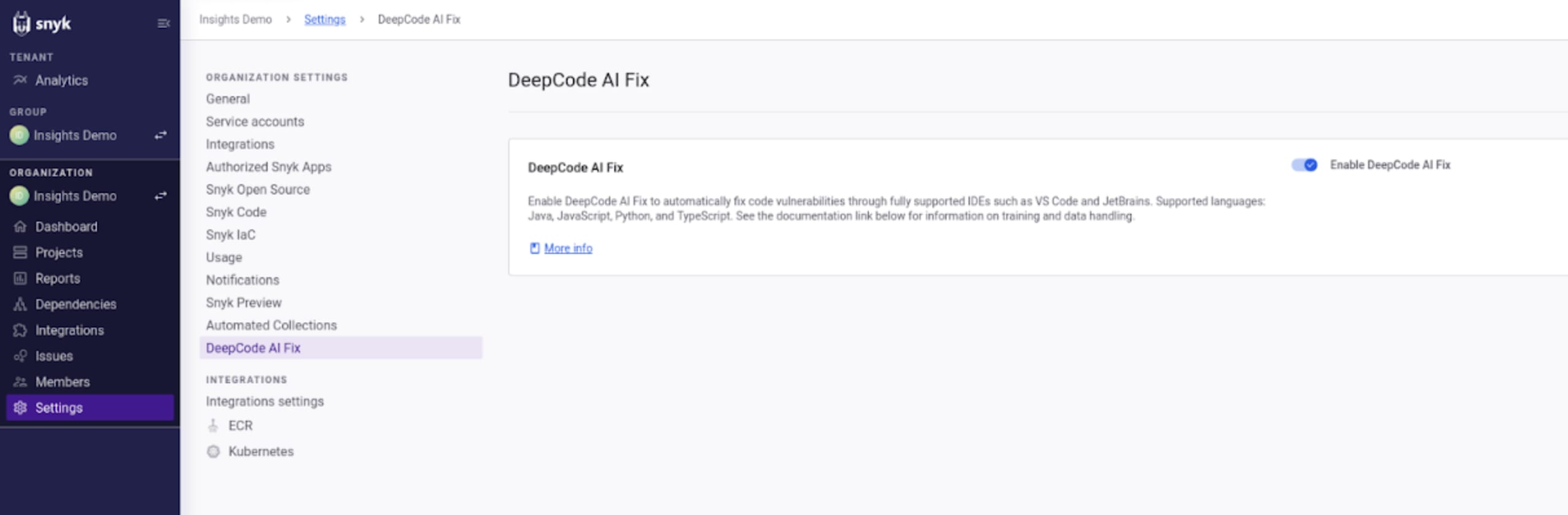 Snyk DeepCode AI Fix settings page. Shows title, description of AI-powered vulnerability fix for JavaScript, Java, and Python, and an enable toggle.